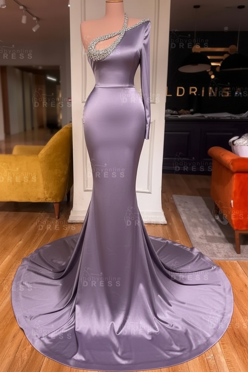 Long sleeves Beaded neckline Black Mermaid Prom Dresses