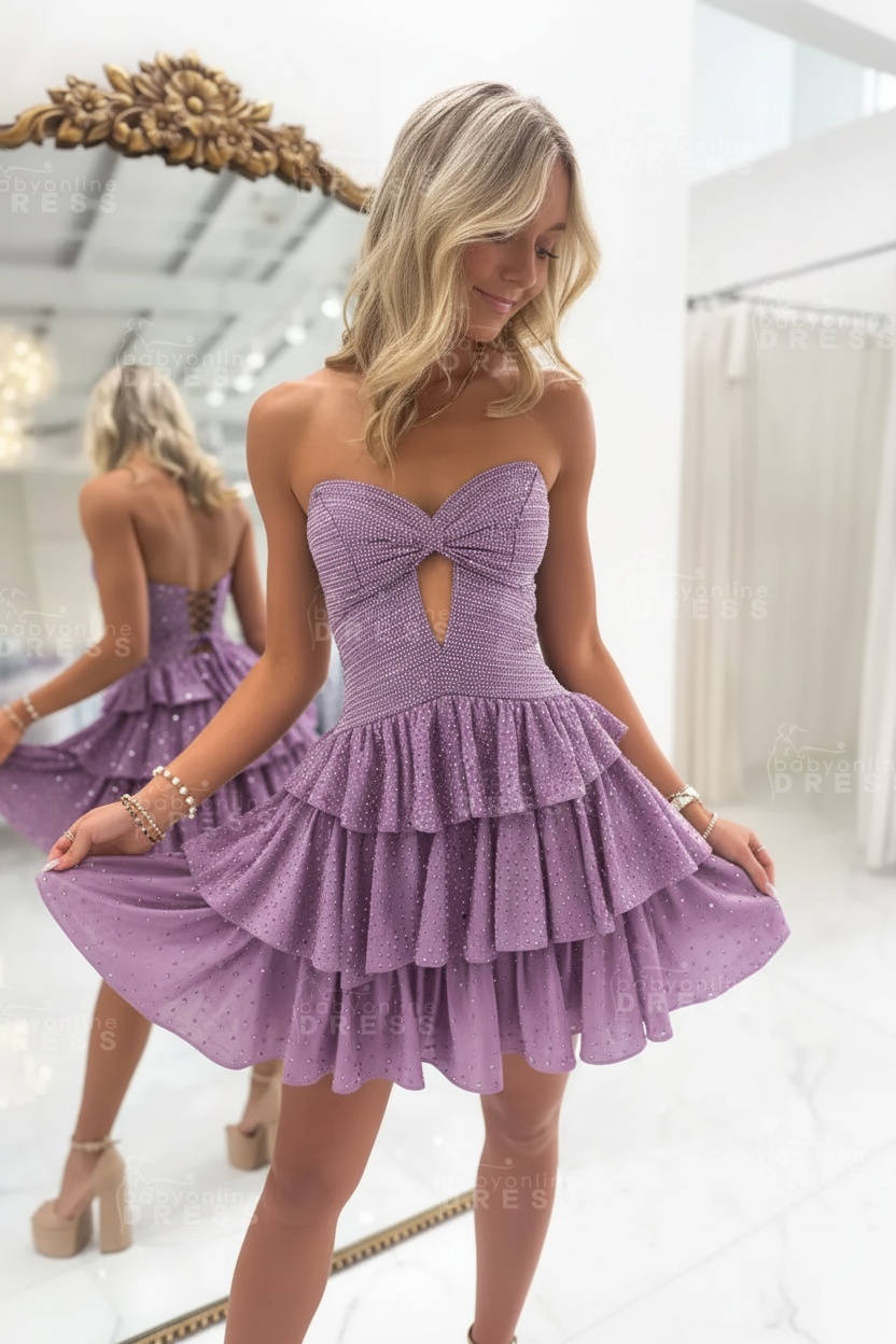 Black Sweetheart Rhinestone Bow Cutout A-Line Tiered Mini Homecoming Dress