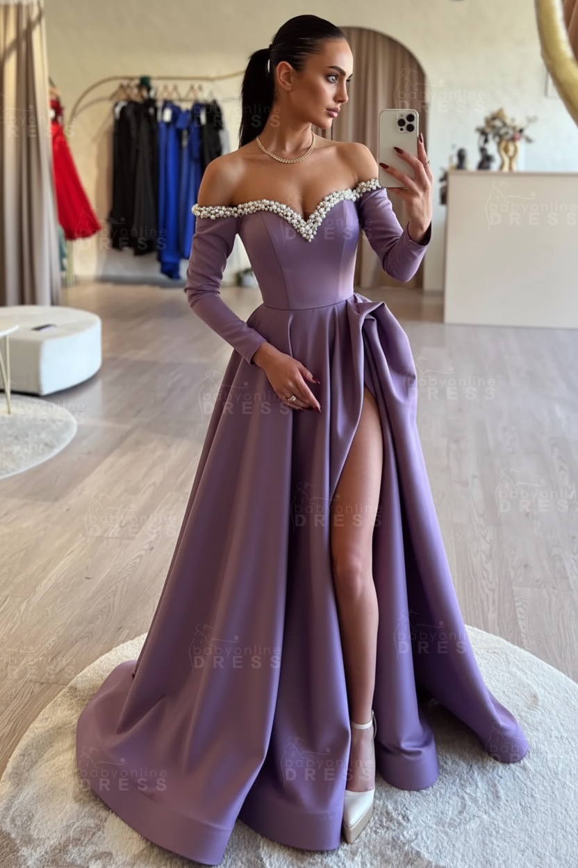 Long sleeves Pearls A-line Princess Front Split Black Prom Dresses