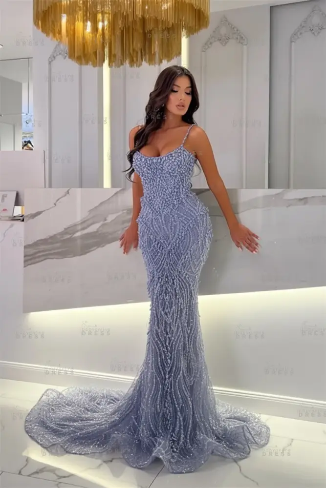 Strapless Mermaid Ivory Court Train Pearls Prom Dresses