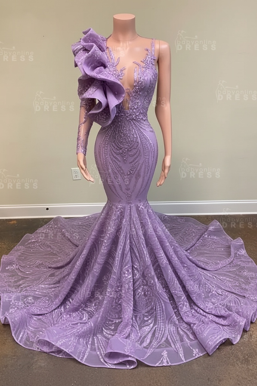 Chic Black Long Sleeve Asymmetrical Floor Length Mermaid Prom Dress