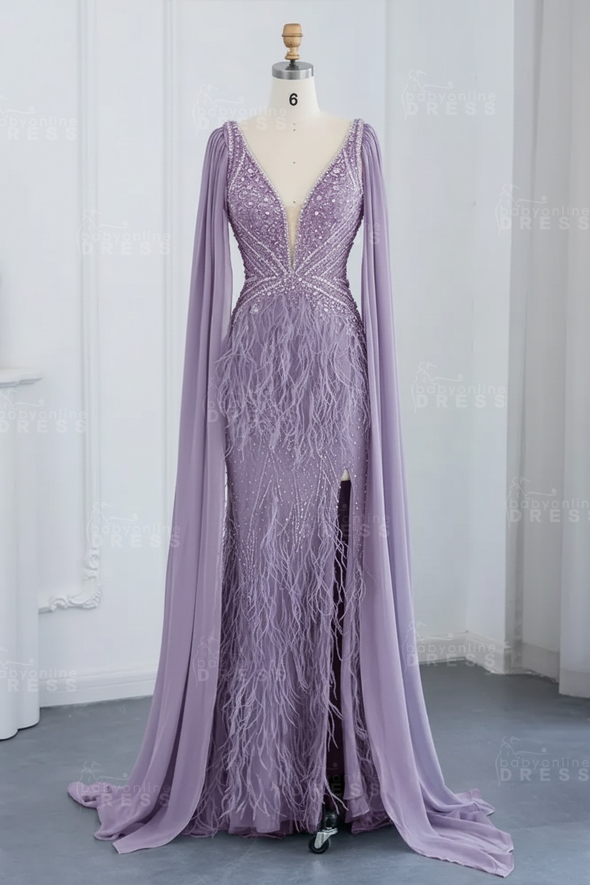Glamorous V-Neck Fur Beadings Front Slit Mermaid Evening Gowns with Tulle with Cape Sleeves Wedding Party Dress