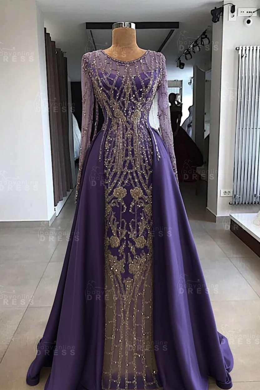 Shining Beaded Long Sleeves Round Neck Prom Dresses With Over Skirt | A Line Evening Gowns