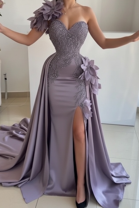Flowers One shoulder Mermaid Long Prom Dresses with High Split
