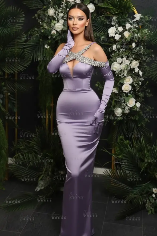 Spaghetti Straps Crystals Column Satin Prom Dresses Floor Length