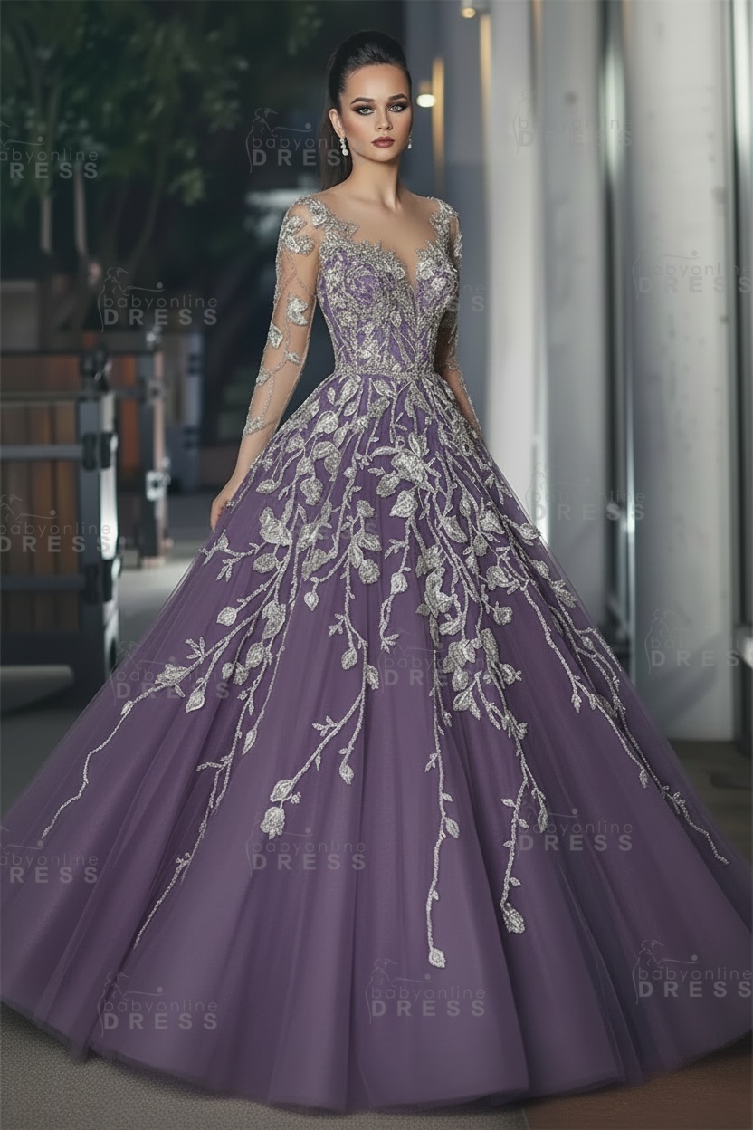 Stunning Illusion Long Sleeve Sexy Evening Gowns | A-line Lace Appliques Tulle Prom Dress