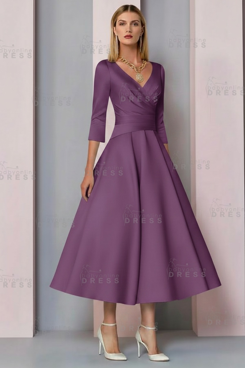 Half Sleeves White Ankle Length Mother of the Bride Dress V-Neck Satin Wedding Guest Dress
