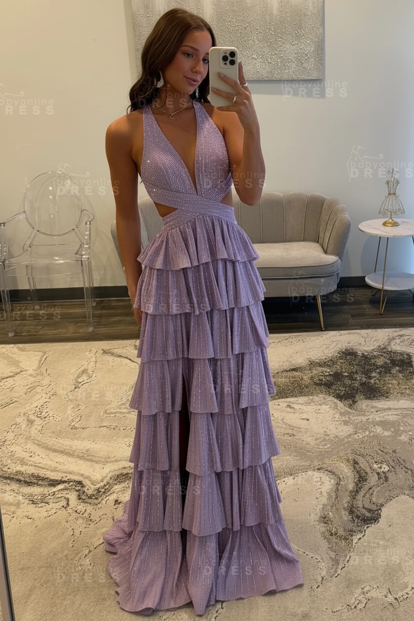Halter Aline Prom Dress Sequined V-Neck High Split Evening Dress Long
