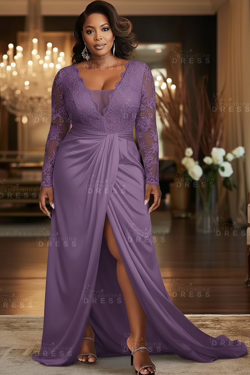 V-neck Appliques Lace Long Sleeve A-Line Prom Dresses with Slit