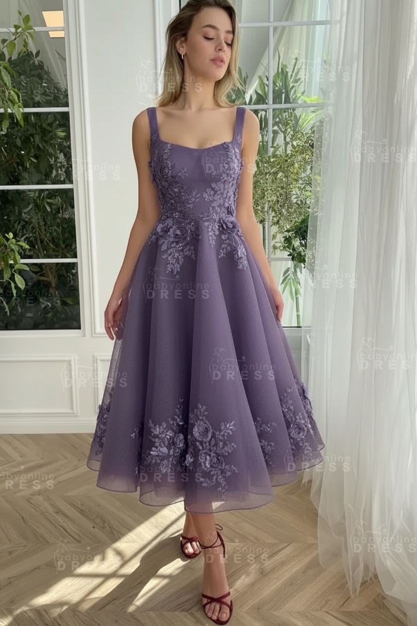 Burgundy Ankle length square neck Homecoming Dress Tulle Aline Formal Dress