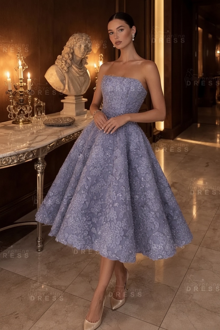 Strapless Yellow Floral A-Line Tea Length Prom Dress with Beadings
