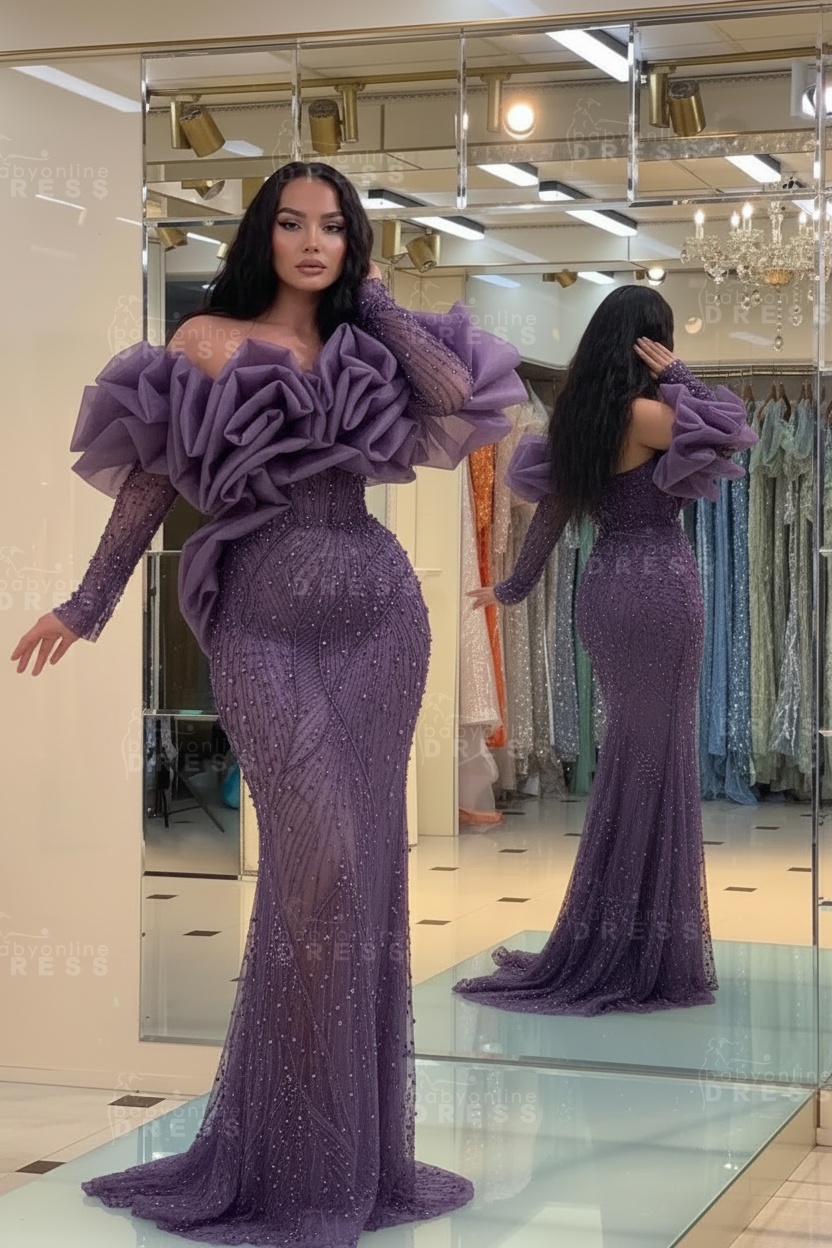 Bubble Sleeves Long Mermaid Prom Dress with Sequins and Beadings