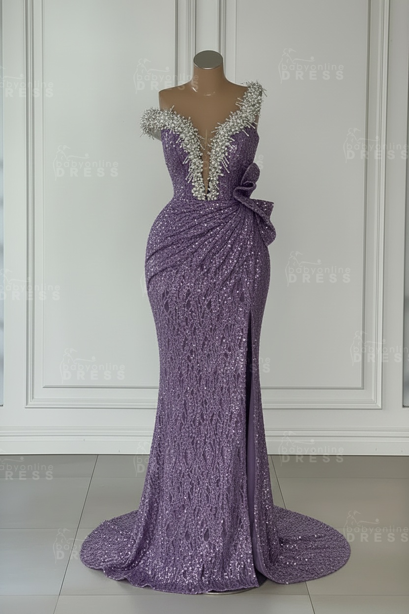 One Shoulder Sequins Sleeveless Long Mermaid Prom Dress