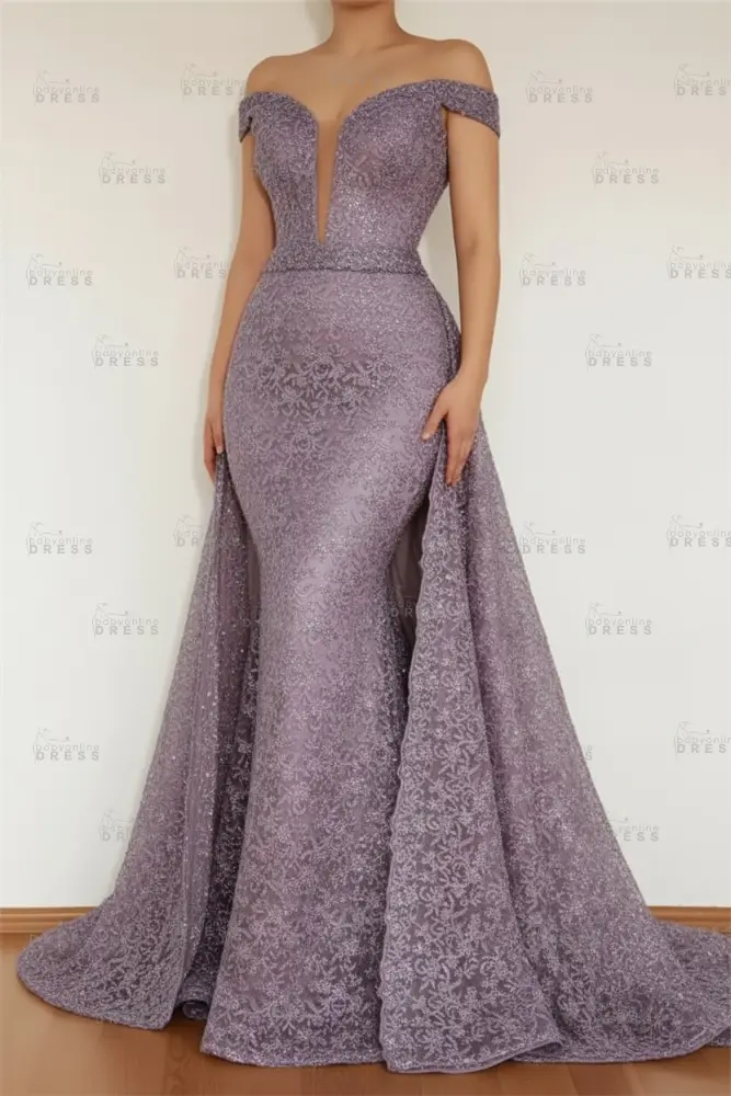 Burgundy Glamorous Mermaid Off The Shoulder Lace Appliques Prom Dress With Detachable Skirt
