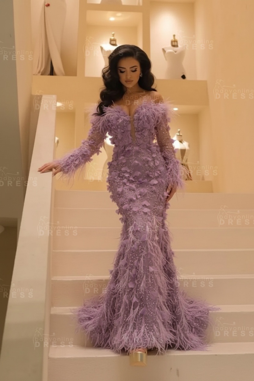 V-neck Long Sleeves Mermaid Evening Dresses Floor Length with Flowers