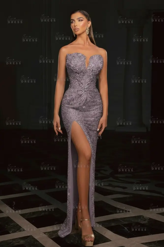 Gold Strapless Sequins Beading Split Front Column Prom Dresses