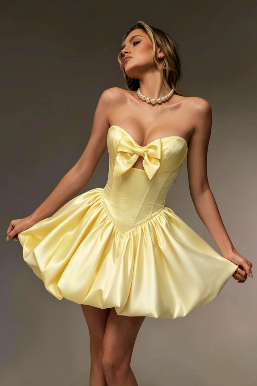 Sweetheart Strapless Satin Corset Short A-Line Homecoming Dress with Bow