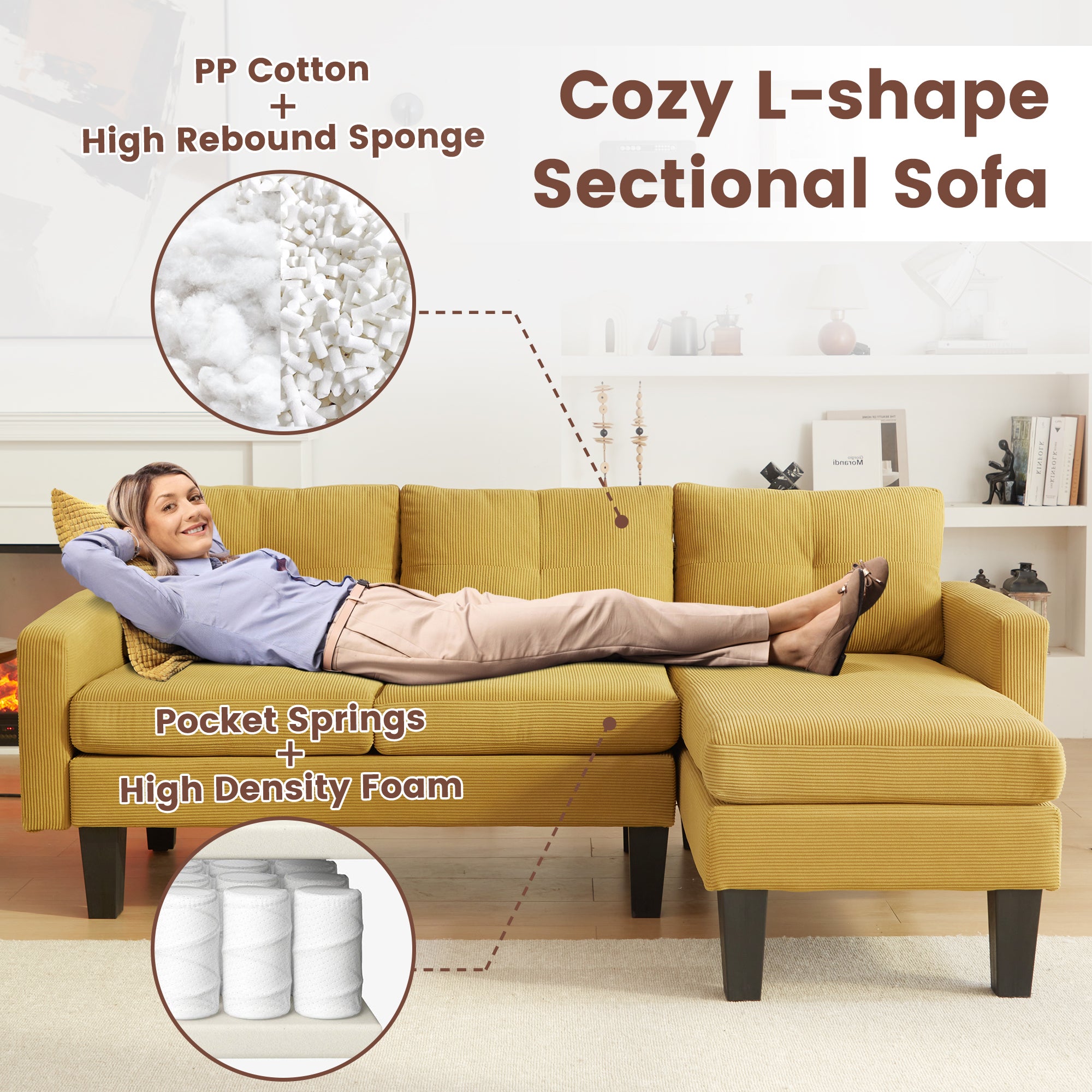 80" Small L Shape Sofa, Corduroy Fabric