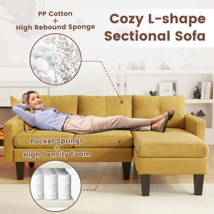 80" Small L Shape Sofa, Corduroy Fabric