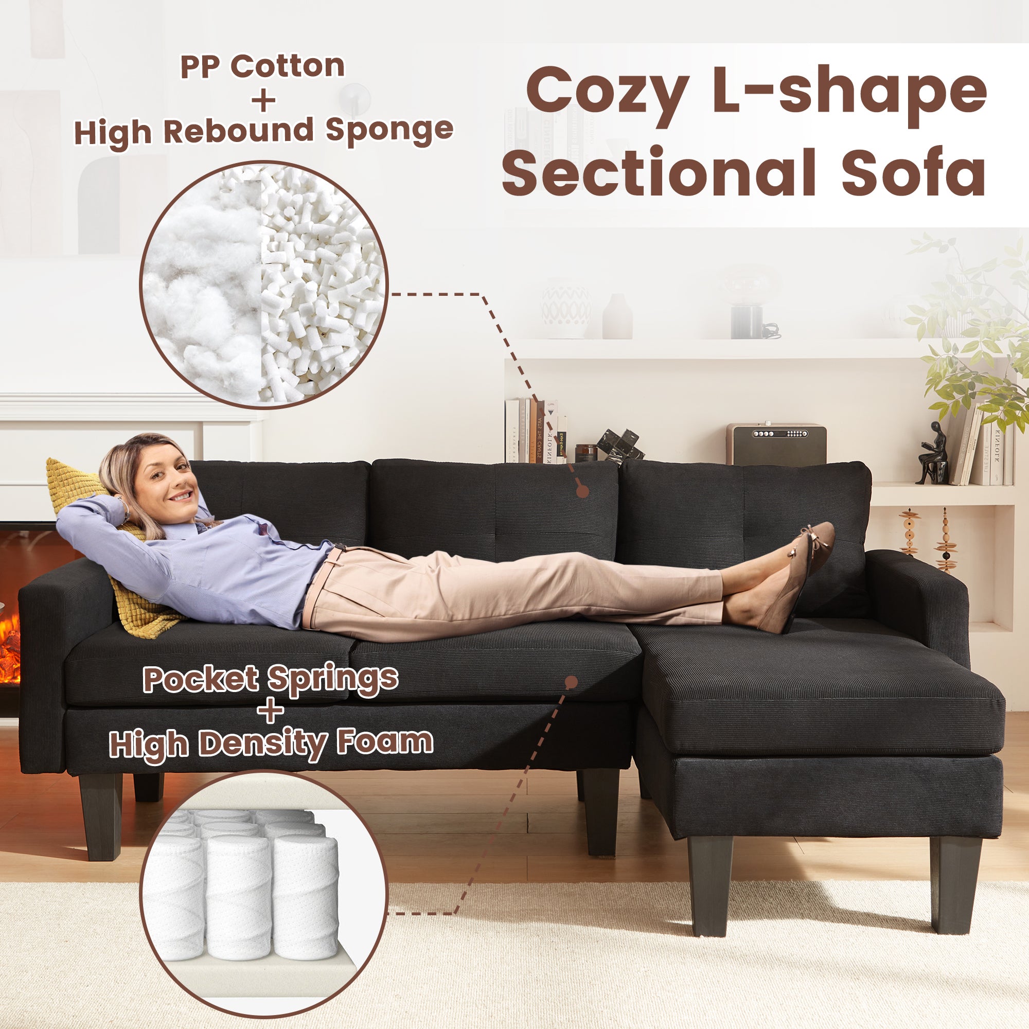 80" Small L Shape Sofa, Corduroy Fabric