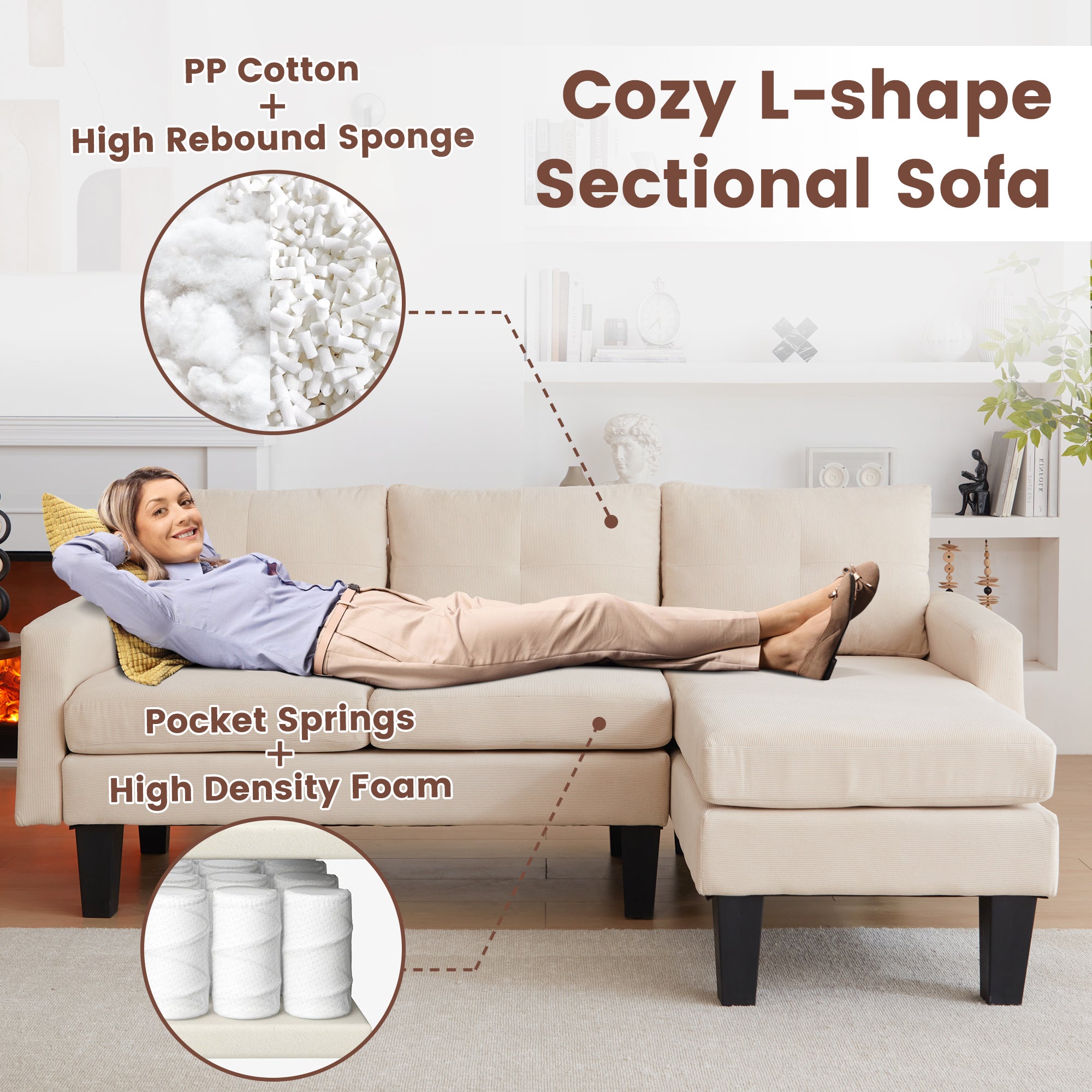 80" Small L Shape Sofa, Corduroy Fabric