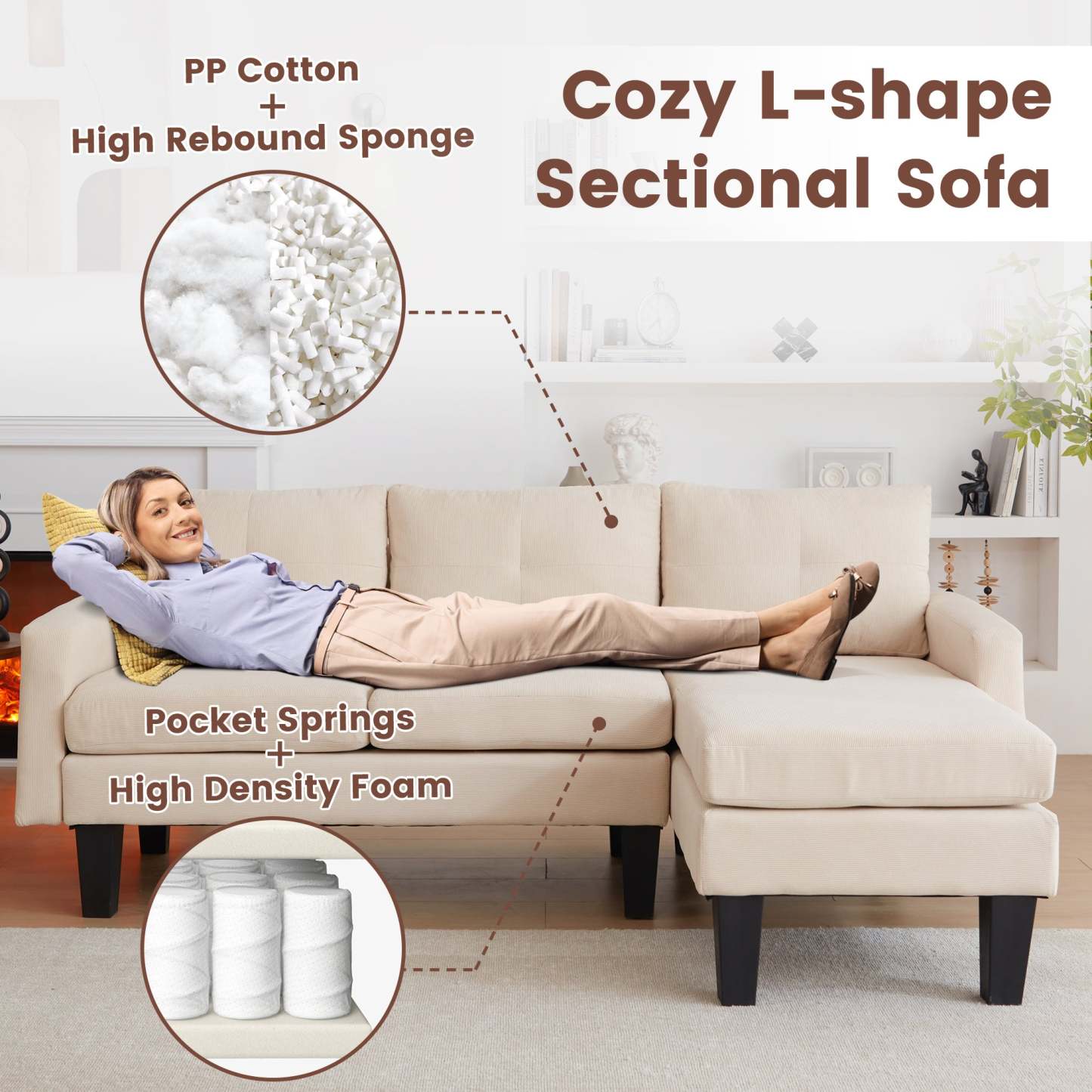 80" Small L Shape Sofa, Corduroy Fabric