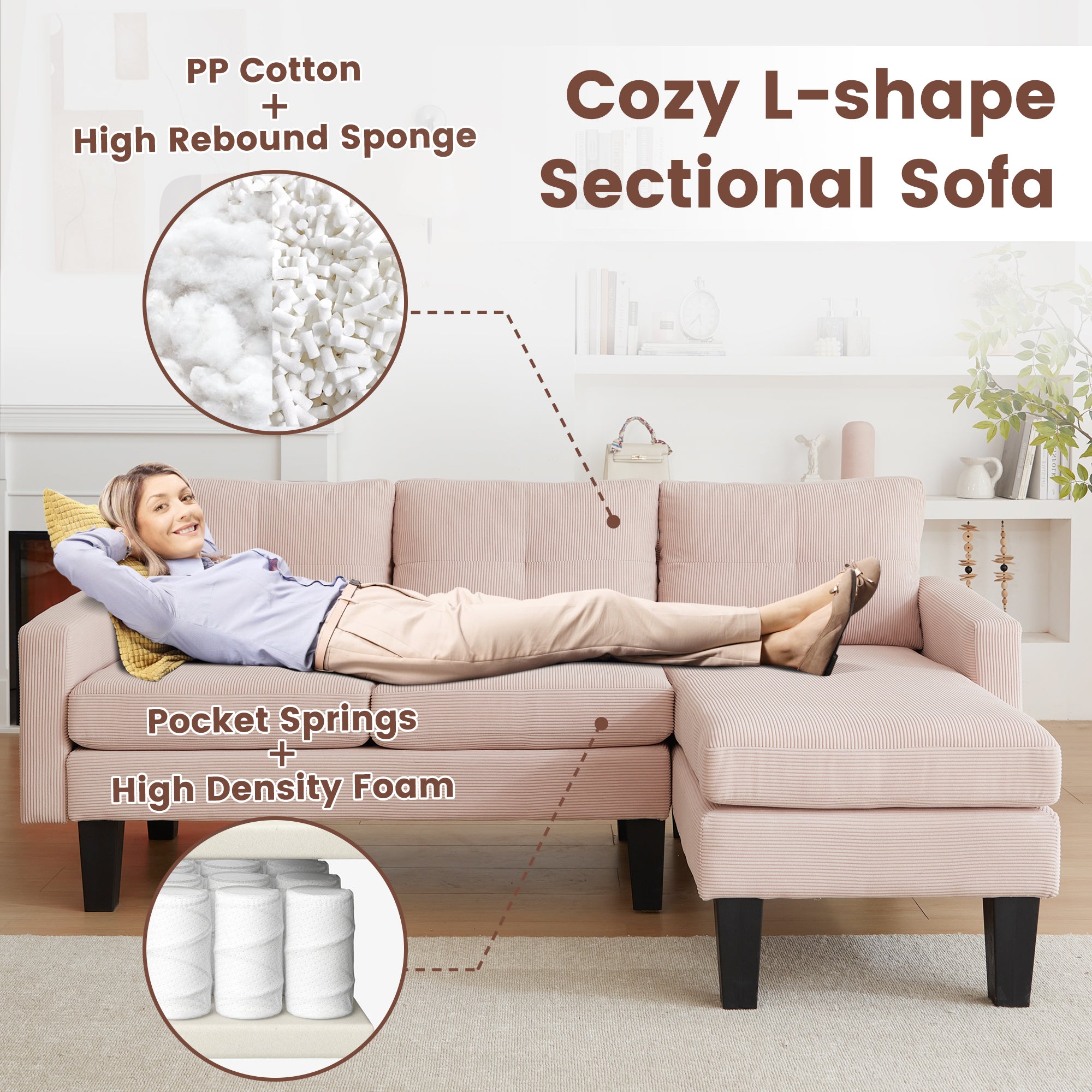 80" Small L Shape Sofa, Corduroy Fabric