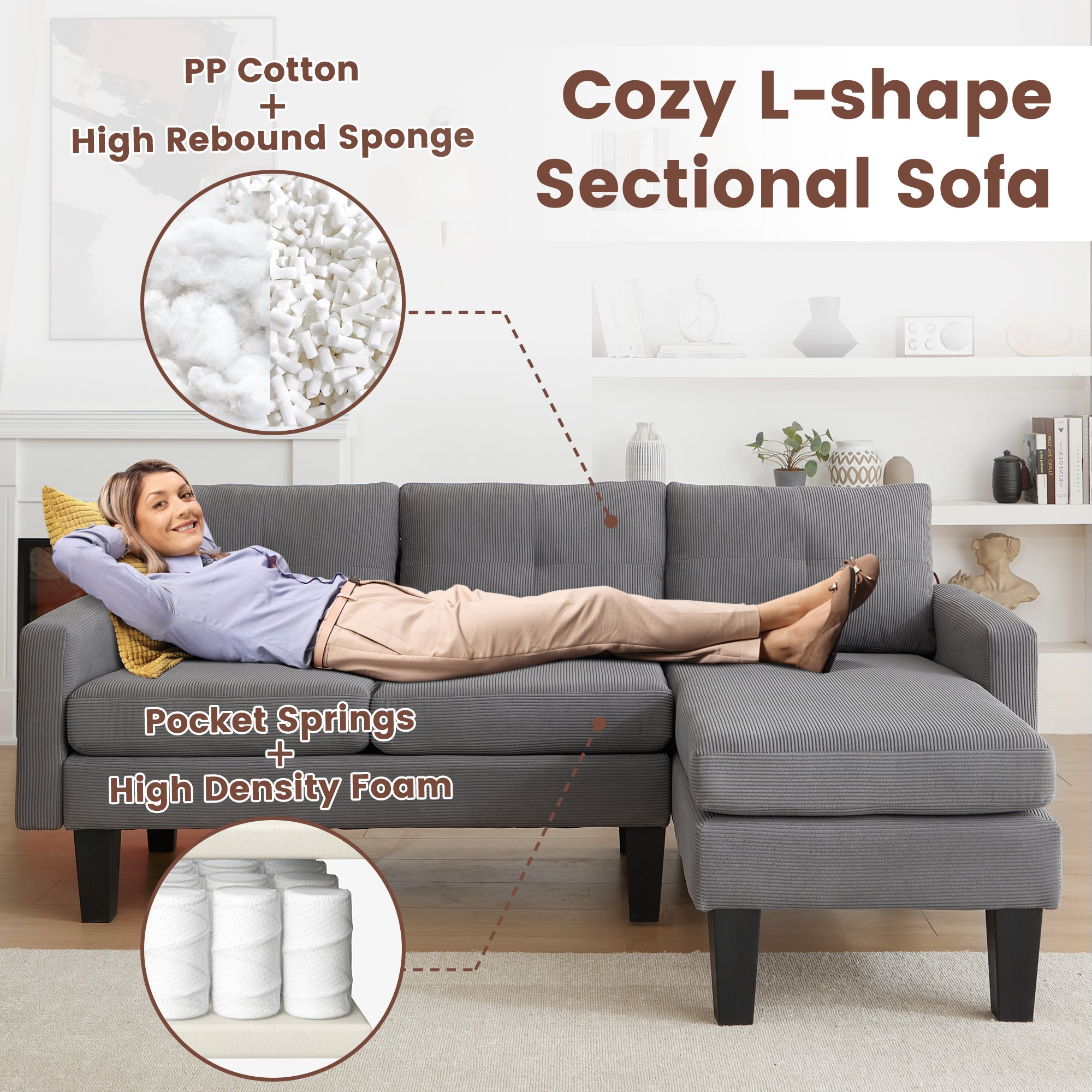 80" Small L Shape Sofa, Corduroy Fabric