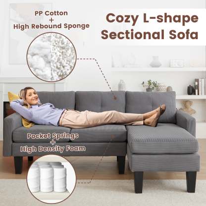 80" Small L Shape Sofa, Corduroy Fabric