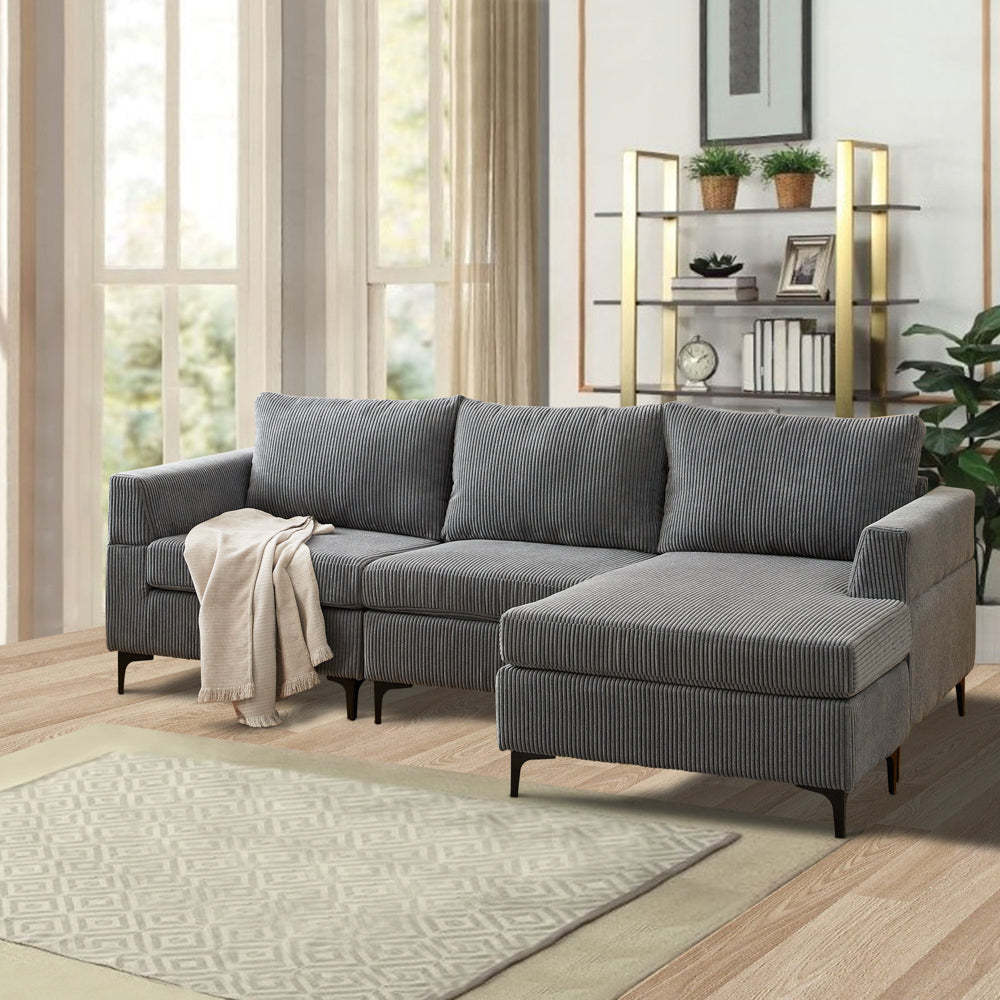 96.4" Living Room Sofa Reversible Chaise Corduroy Fabric with Ottoman