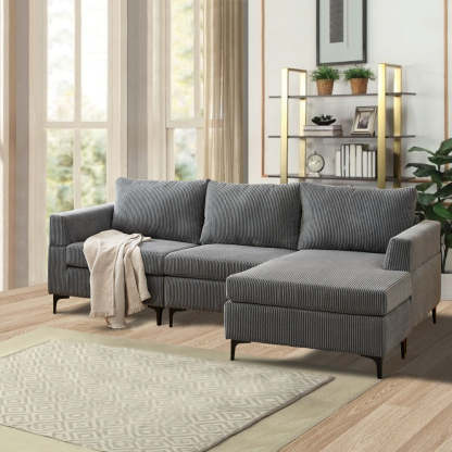 96.4" Living Room Sofa Reversible Chaise Corduroy Fabric with Ottoman