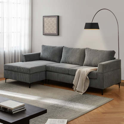 96.4" Living Room Sofa Reversible Chaise Corduroy Fabric with Ottoman