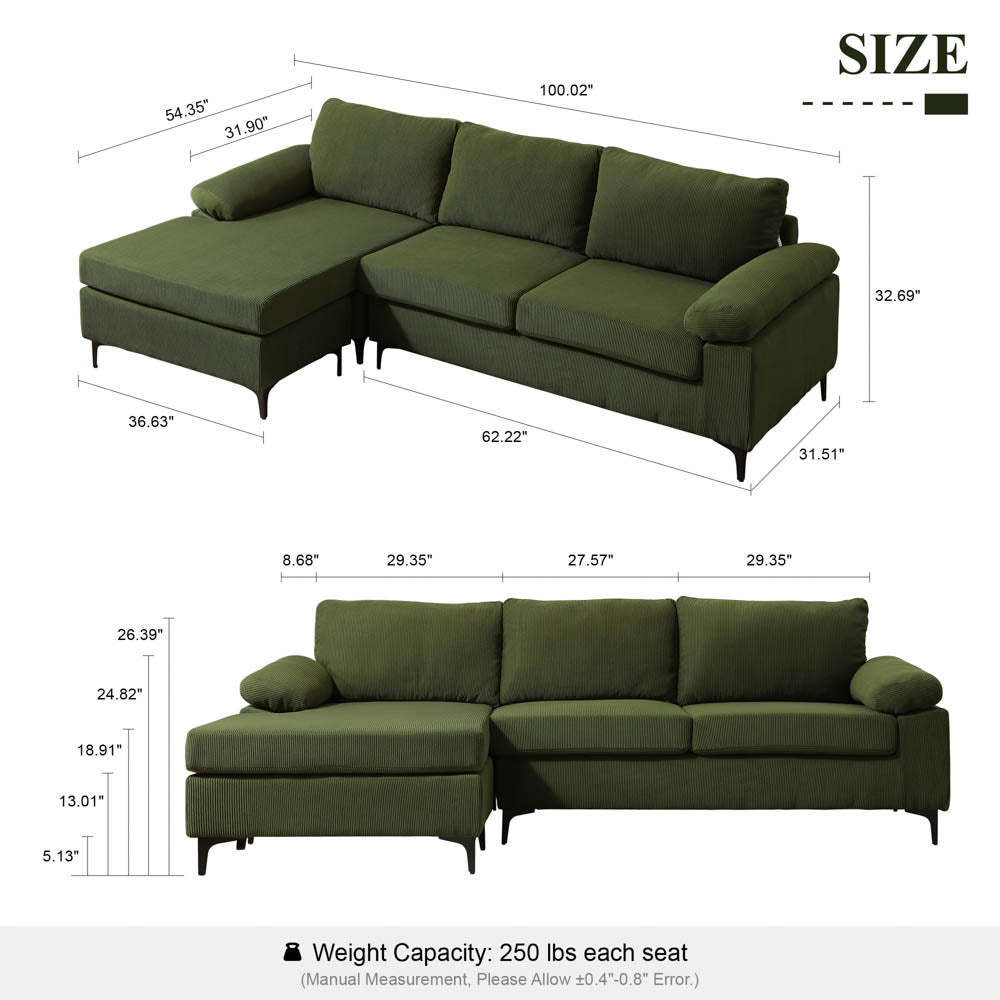 Living Room Sofa Reversible Chaise 100.40" Wide with Ottoman
