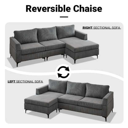 96.4" Living Room Sofa Reversible Chaise Corduroy Fabric with Ottoman