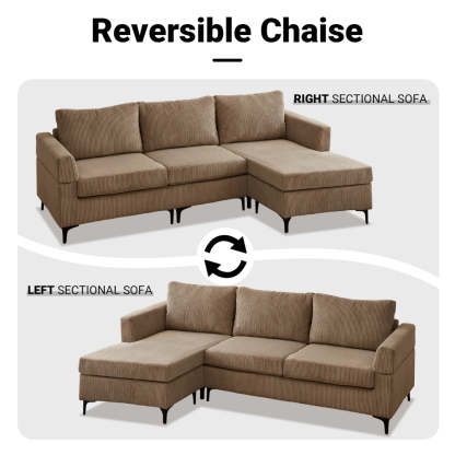 96.4" Living Room Sofa Reversible Chaise Corduroy Fabric with Ottoman