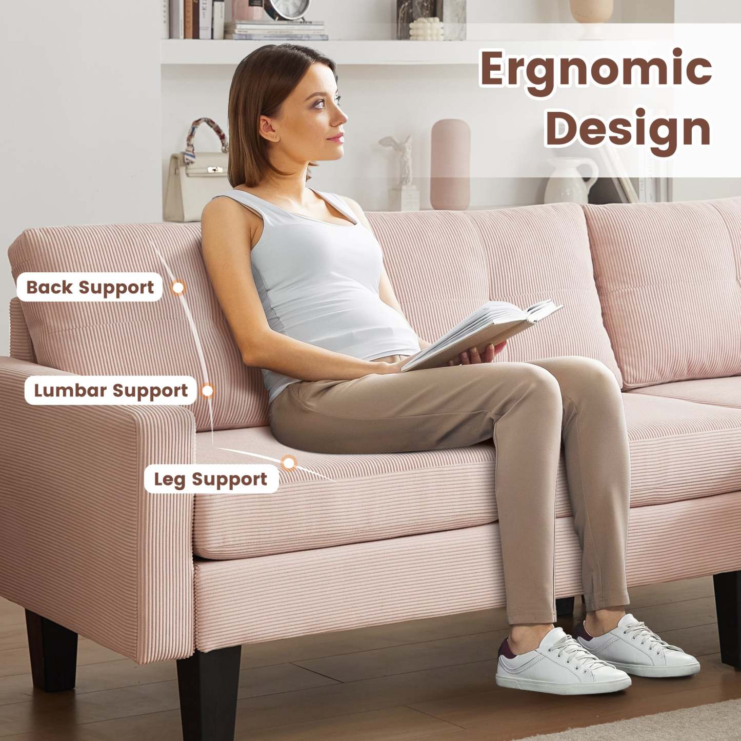 80" Small L Shape Sofa, Corduroy Fabric