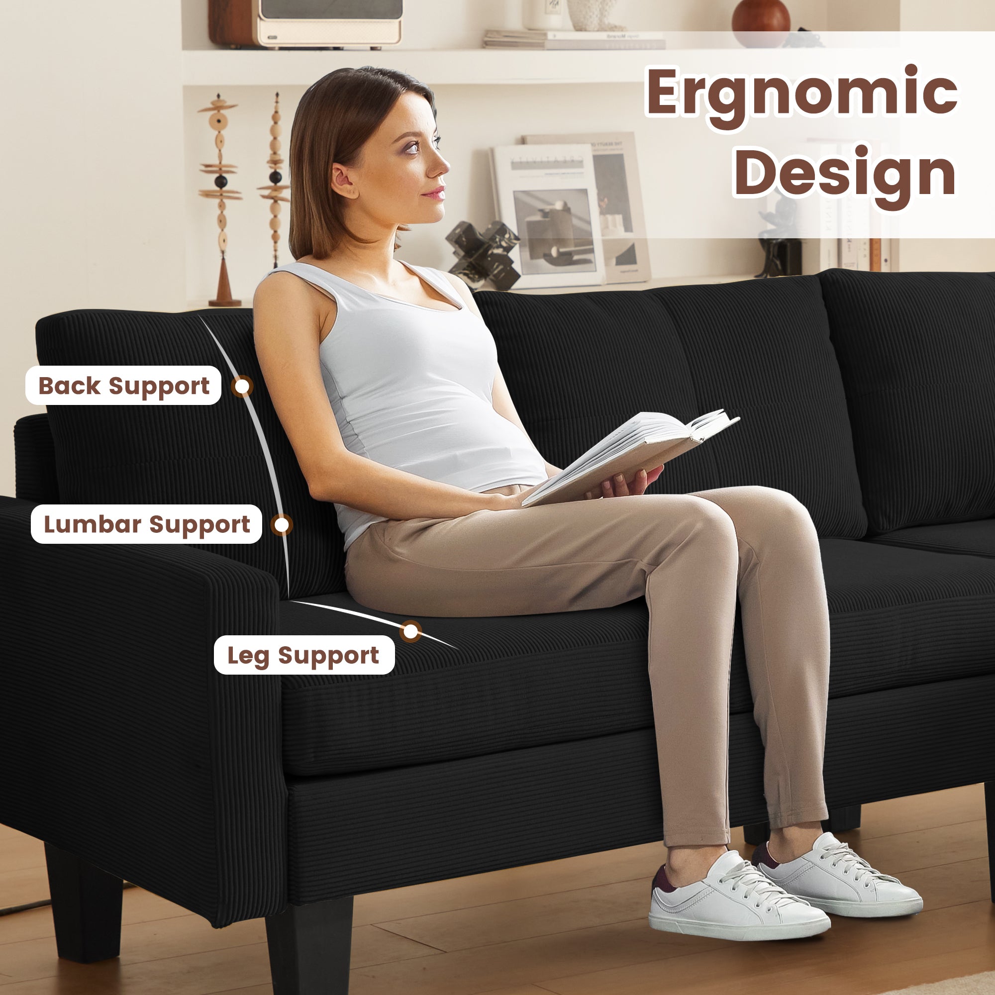 80" Small L Shape Sofa, Corduroy Fabric