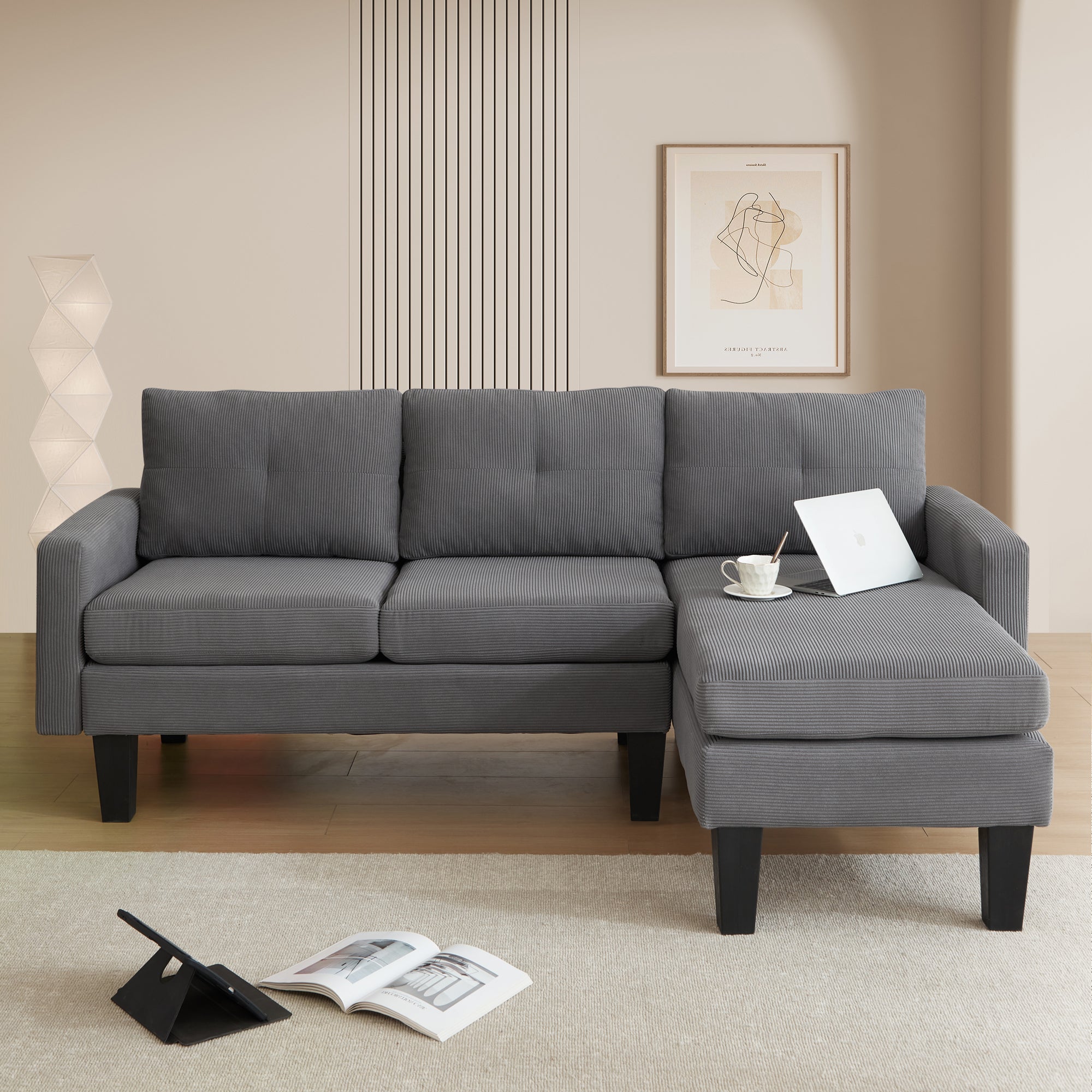 80" Small L Shape Sofa, Corduroy Fabric