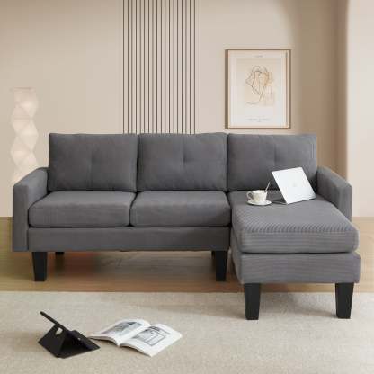 80" Small L Shape Sofa, Corduroy Fabric