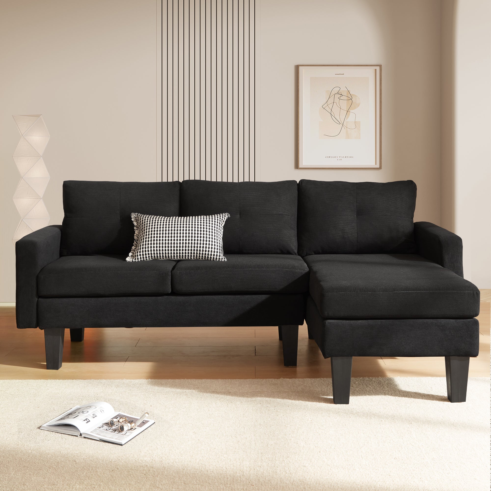 80" Small L Shape Sofa, Corduroy Fabric