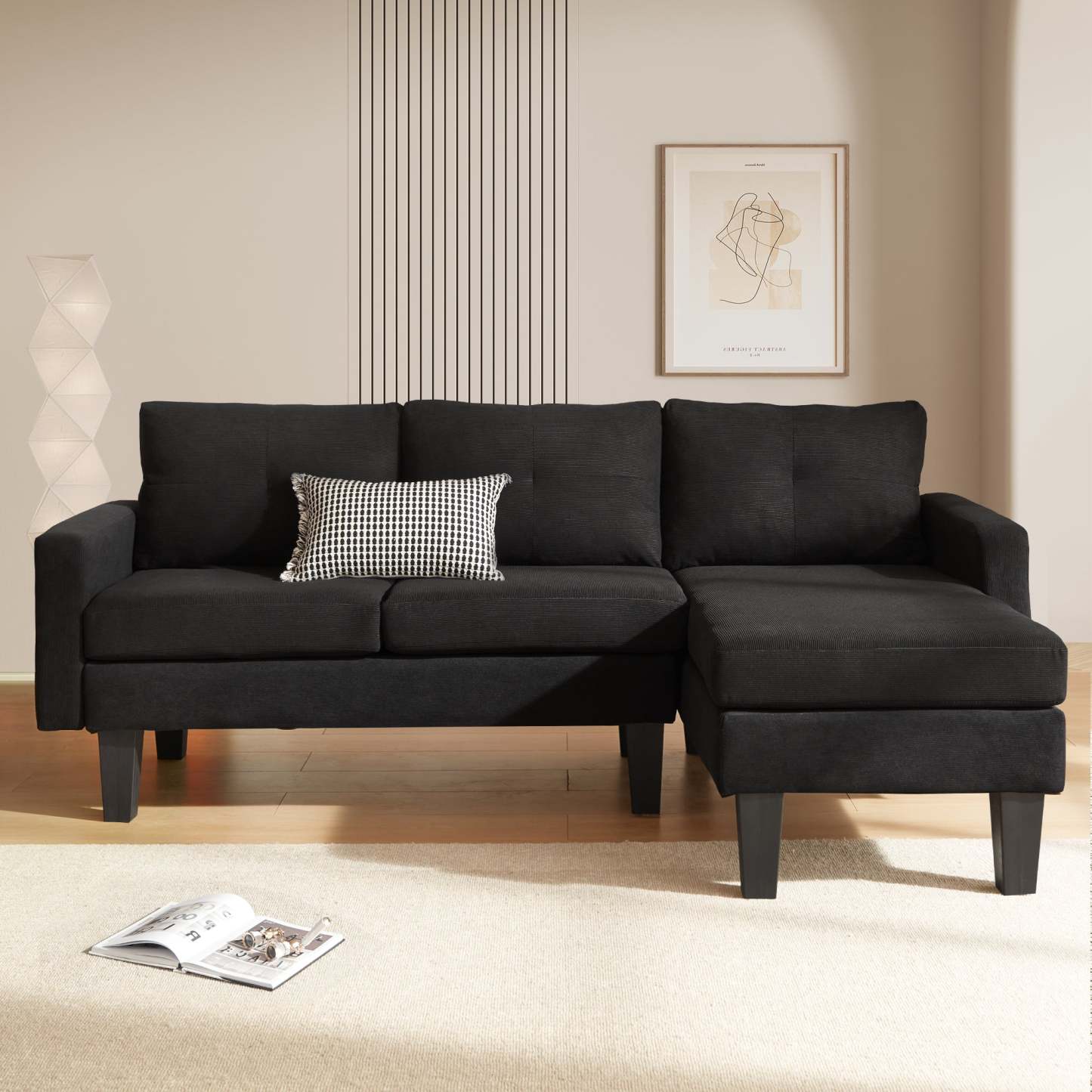 80" Small L Shape Sofa, Corduroy Fabric