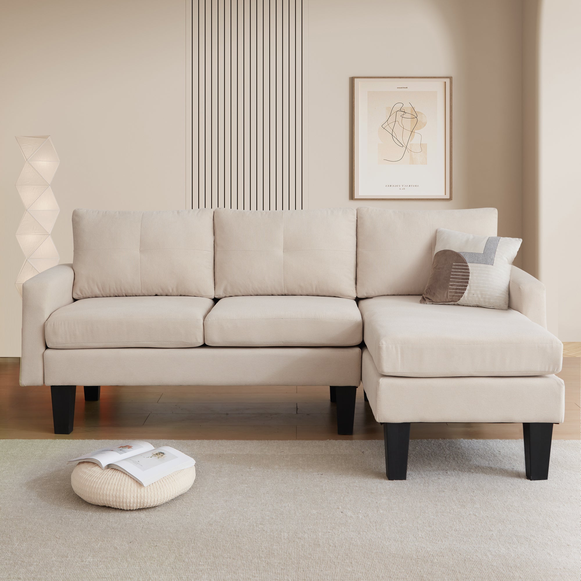 80" Small L Shape Sofa, Corduroy Fabric