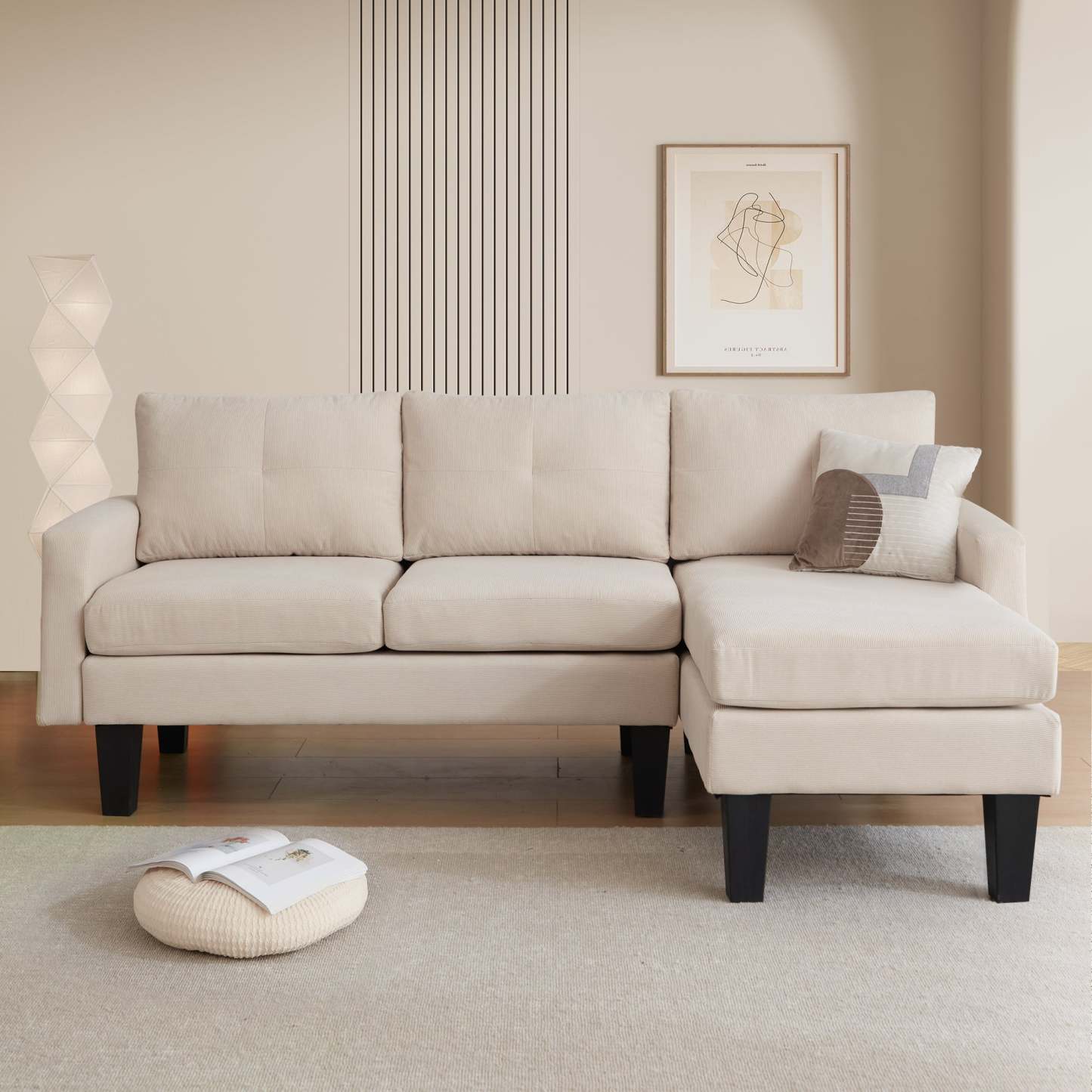 80" Small L Shape Sofa, Corduroy Fabric