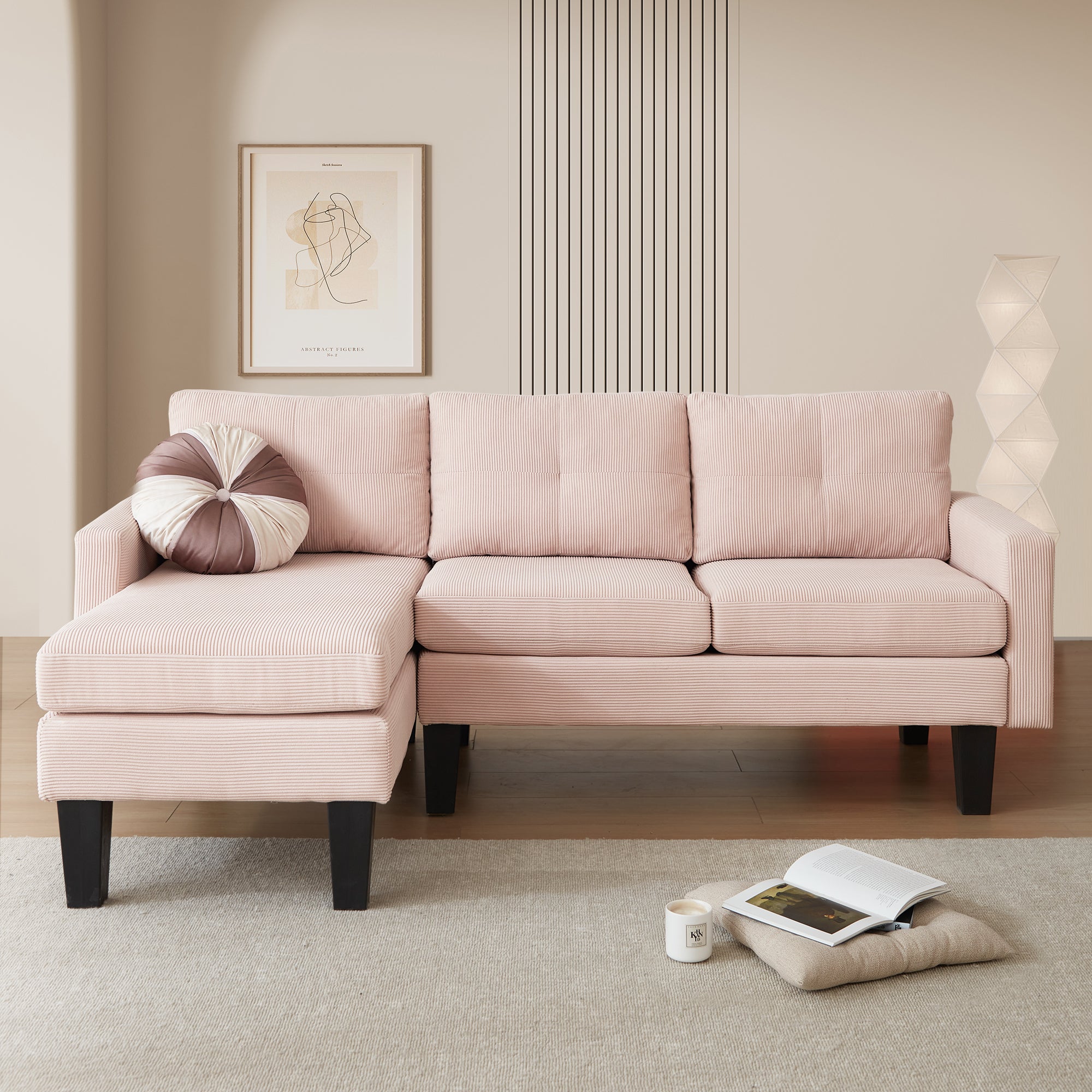 80" Small L Shape Sofa, Corduroy Fabric