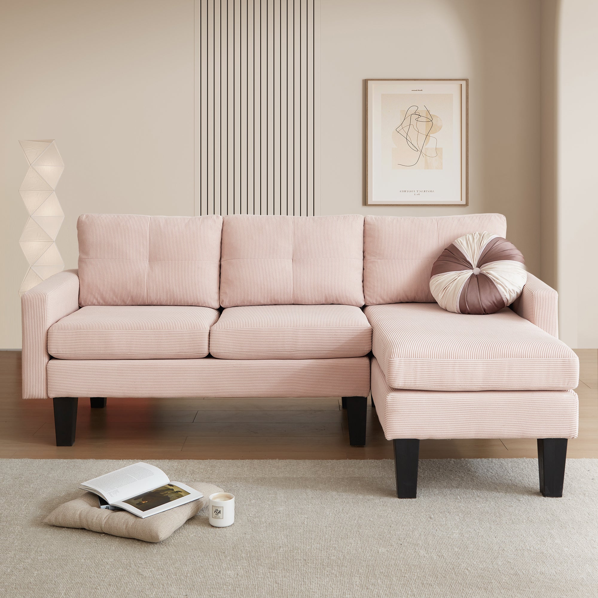 80" Small L Shape Sofa, Corduroy Fabric