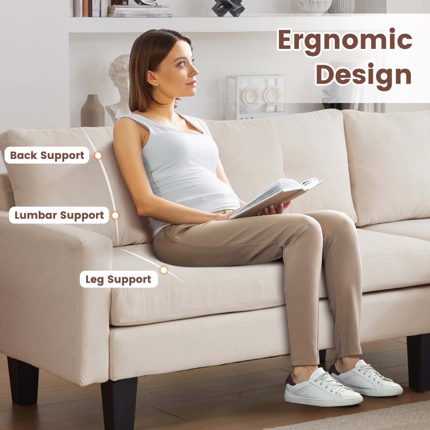 80" Small L Shape Sofa, Corduroy Fabric