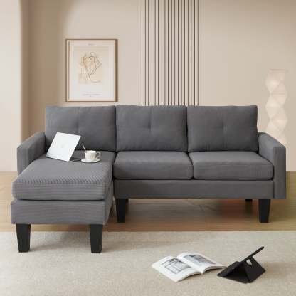 80" Small L Shape Sofa, Corduroy Fabric