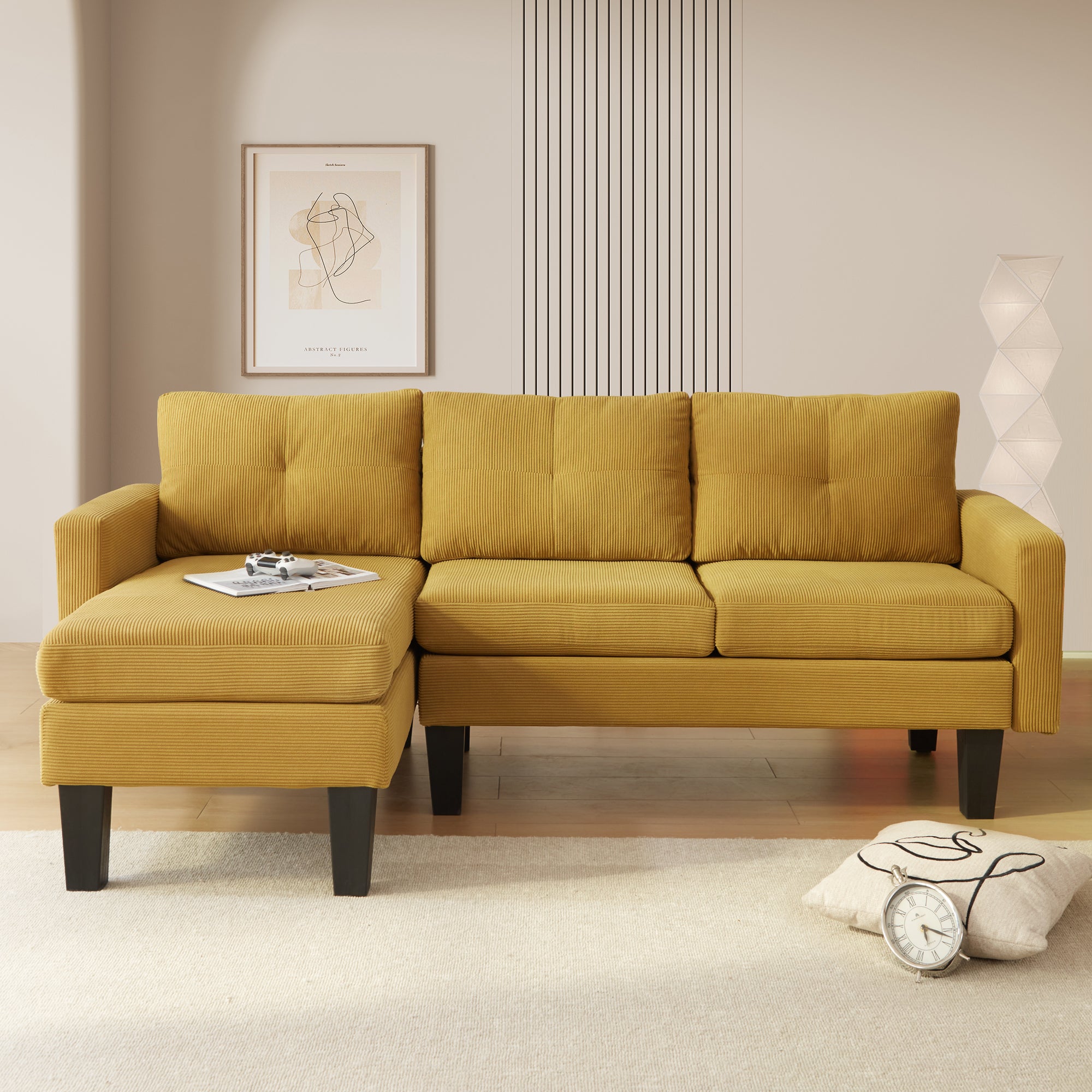 80" Small L Shape Sofa, Corduroy Fabric