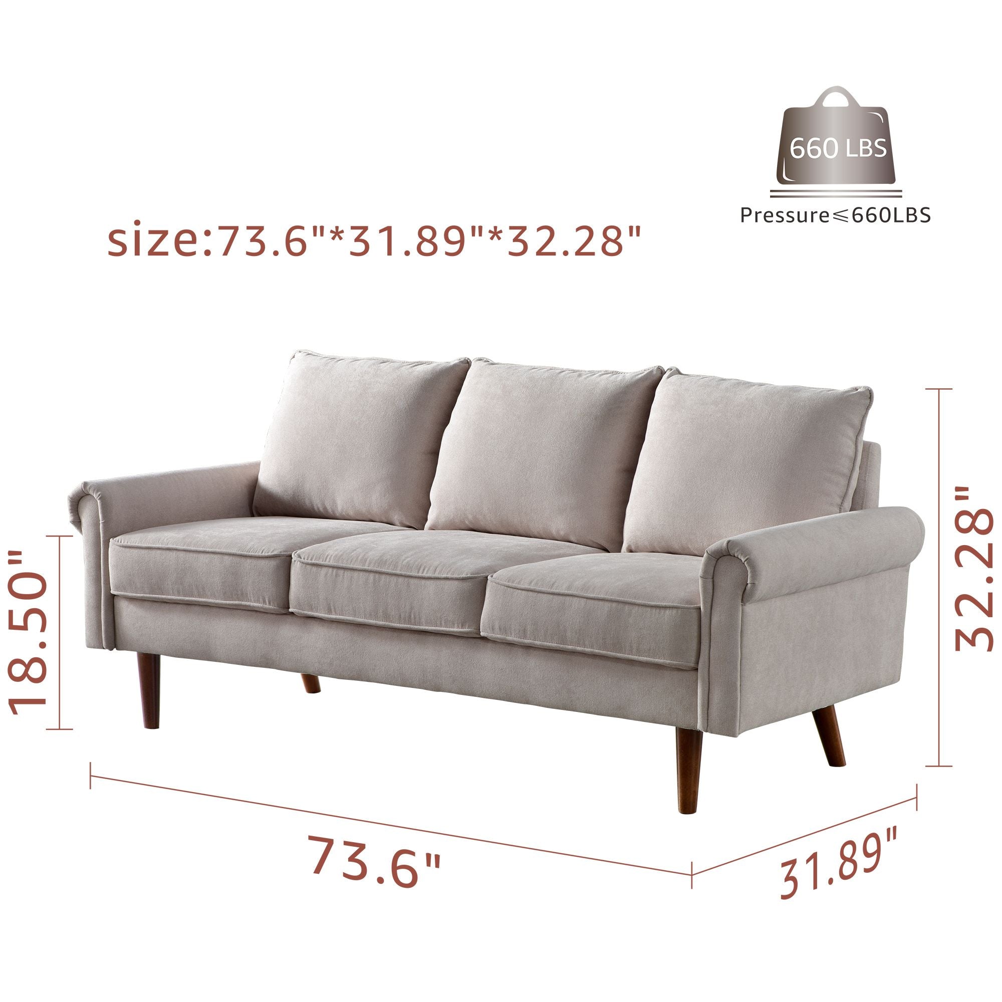Living Room 73.6'' Wide Suede or Line Fabric Sofa, 6 Colors