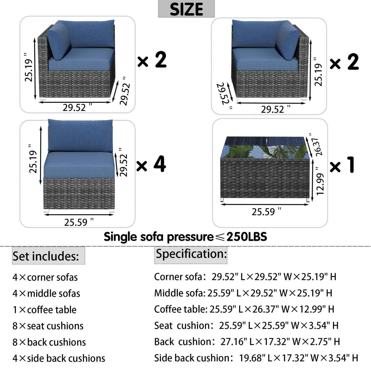 Outdoor Sectional Furniture 9-Piece with Cushions and Table